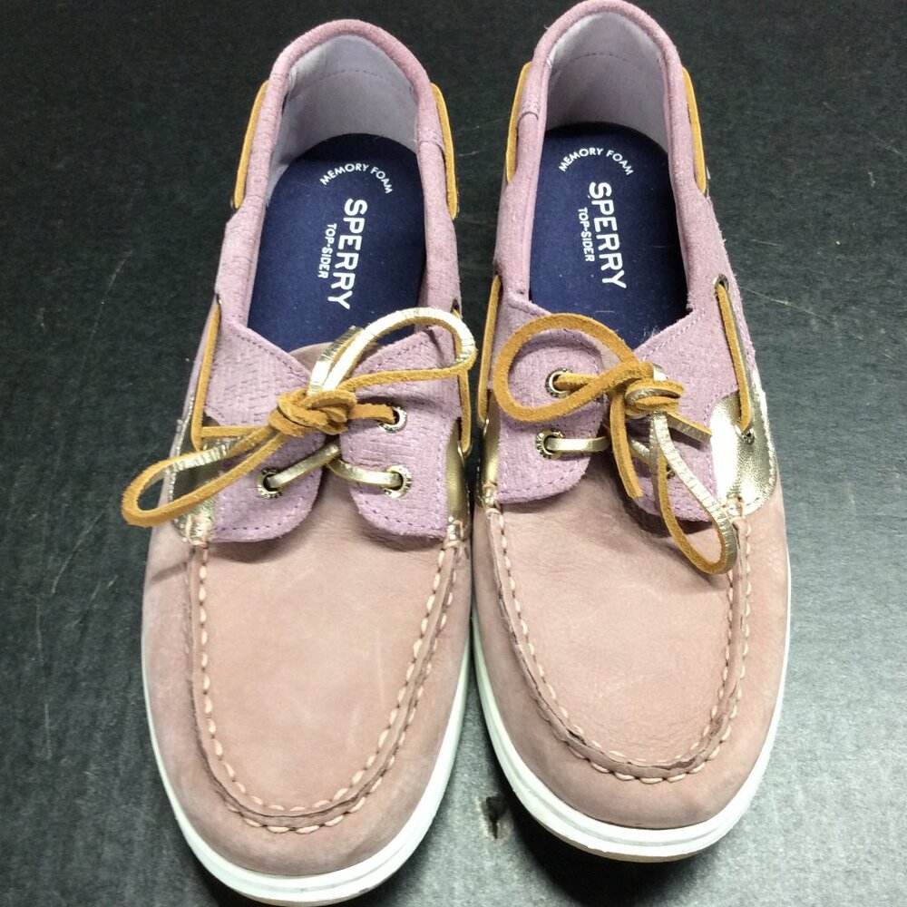 Sperry Mauve and Metallic Gold Suede Boat Shoes